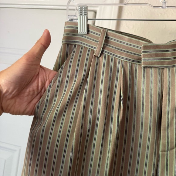 TOAST UK tan green striped wool cotton blend wide straight leg cropped trousers - Picture 3 of 6